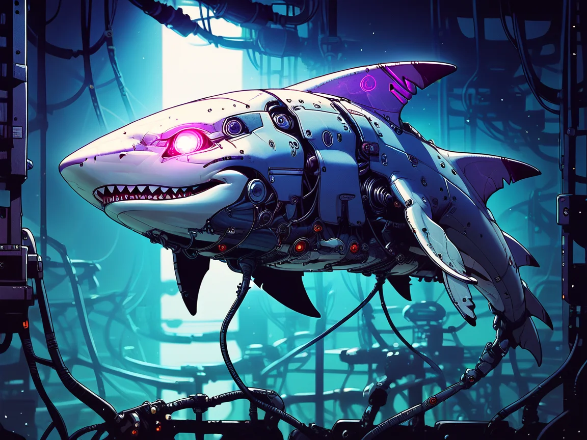 score_9, score_8_up, score_7_up, score_6_up, <lora:cyb0rgXLP:0.8> cyb0rg, solo, science fiction, cable, mechanical parts, black, feral, full body, glowing eyes, neon lights, shark, ocean,