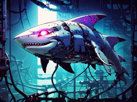 score_9, score_8_up, score_7_up, score_6_up, <lora:cyb0rgXLP:0.8> cyb0rg, solo, science fiction, cable, mechanical parts, black, feral, full body, glowing eyes, neon lights, shark, ocean,