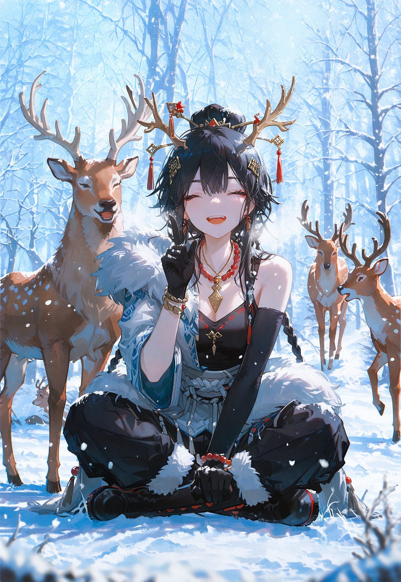 masterpiece, best quality, good quality, very awa, very aesthetic, absurdres, newest, 1girl, solo, long hair, breasts, open mouth, black hair, hair ornament, gloves, jewelry, sitting, closed eyes, braid, outdoors, earrings, boots, horns, teeth, one eye closed, black gloves, pants, day, elbow gloves, necklace, hair bun, blurry, bracelet, tree, fur trim, upper teeth only, black pants, animal, pointing, nature, index finger raised, snow, forest, beads, blurry foreground, snowing, antlers, indian style, on ground, single bare shoulder, winter, bare tree, single sleeve, multiple braids, deer, reindeer, 96yottea, <lora:ponyv6_noobE11_2_adamW-000017:0.7> <lora:USNR_STYLE_XL_lokr:0.45> <lora:96YOTTEA-WAI:0.3> <lora:WSSKX_WAI:0.8>