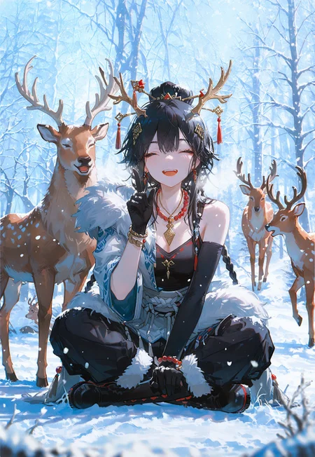 masterpiece, best quality, good quality, very awa, very aesthetic, absurdres, newest, 1girl, solo, long hair, breasts, open mouth, black hair, hair ornament, gloves, jewelry, sitting, closed eyes, braid, outdoors, earrings, boots, horns, teeth, one eye closed, black gloves, pants, day, elbow gloves, necklace, hair bun, blurry, bracelet, tree, fur trim, upper teeth only, black pants, animal, pointing, nature, index finger raised, snow, forest, beads, blurry foreground, snowing, antlers, indian style, on ground, single bare shoulder, winter, bare tree, single sleeve, multiple braids, deer, reindeer, 96yottea, <lora:ponyv6_noobE11_2_adamW-000017:0.7> <lora:USNR_STYLE_XL_lokr:0.45> <lora:96YOTTEA-WAI:0.3> <lora:WSSKX_WAI:0.8>