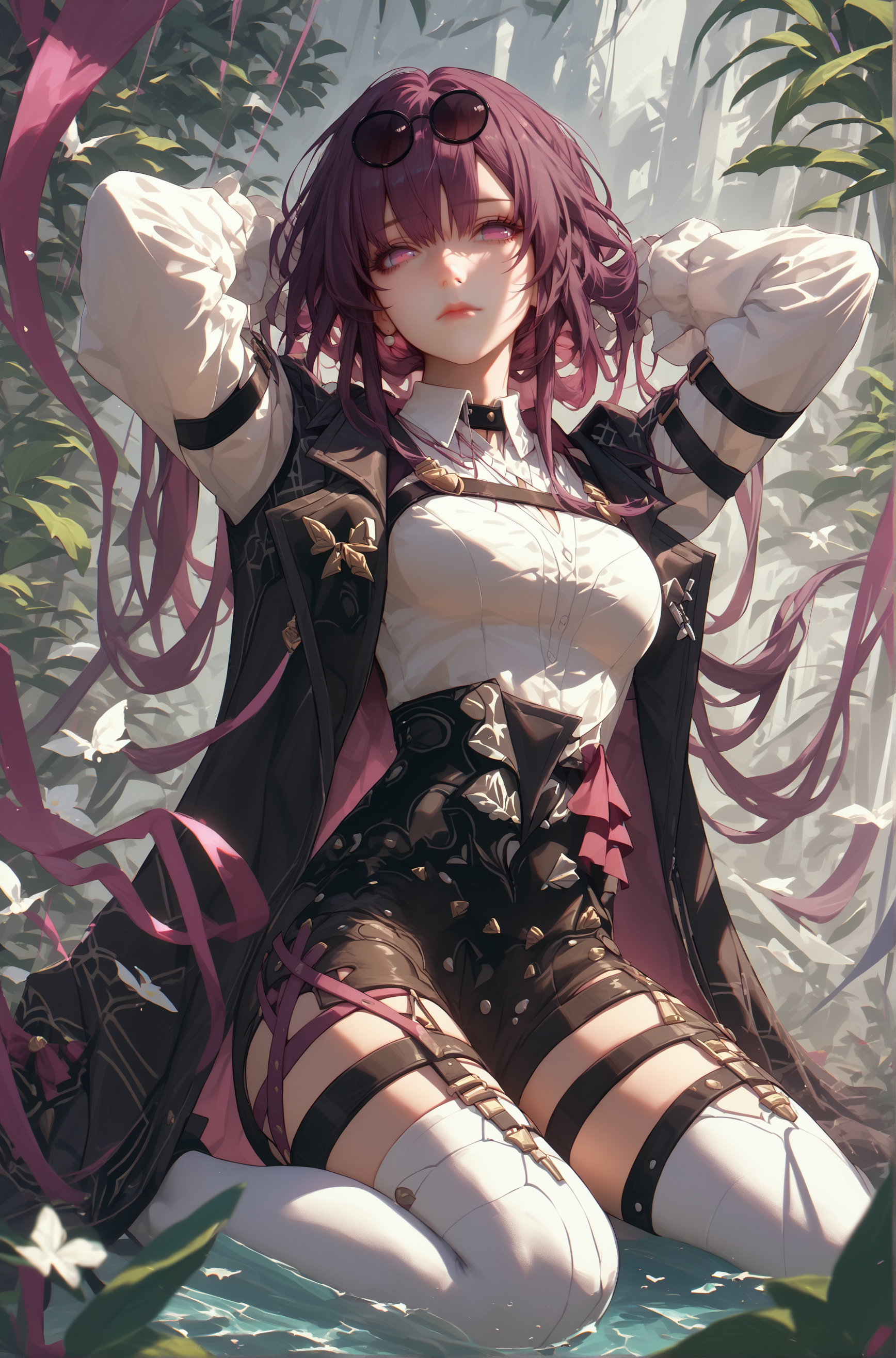 score_9, score_8_up, score_7_up, score_6_up, source_anime, <lora:Kafka:0.8> 1girl, white shirt, bangs, sunglasses, eyewear on head, purple hair, white long sleeves, purple eyes, long hair, closed mouth, black jacket, gloves, kneeling, arms behind head