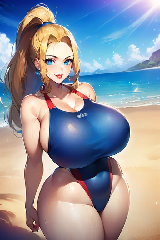 ((masterpiece)), ((best quality)), (ultra-detailed), absurdres, extremely detailed CG unity 8k wallpaper, Official Art, Accurate describe shapes, (realistic), beautiful face, detailed hands, expressive eyes, close-up, solo, (beach, scenery, dramatic light, illustration:1.1), (standing, seductive pose, seductive smile:1.2), (1girl, mature female, milf, motherly, curvy, wide hips, gigantic breasts, thick thighs, narrow waist, blonde hair, blue eyes, high ponytail, forehead, red lips:1.4), (deep blue one-piece swimsuit:1.3), , ((masterpiece)), absurdres, HDR <lora:epi_noiseoffset2:0.7> <lora:GoodHands-vanilla:1> <lora:MatureFemalePixAI:0.7>