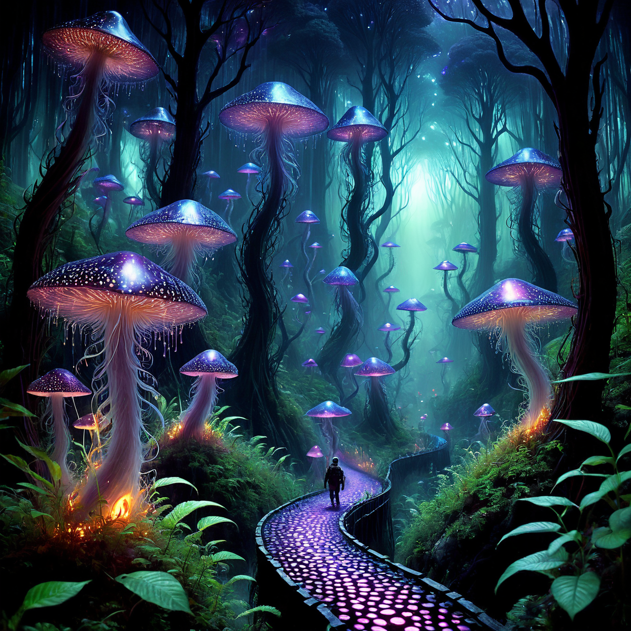 an exquisite picture of a group of explorers walking along an overgrown curving forest walk, very detailed, intricate, dw01-3400, warm colour palette