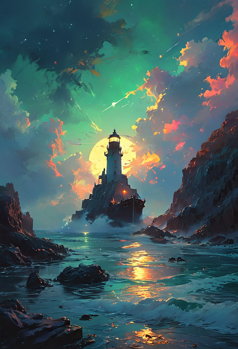 Under the eerie glow of a full moon, a dark and ominous landscape unfolds. A vibrant, colorful ship stands by the edge of a serene ocean, its vivid hues contrasting starkly with the foreboding atmosphere. In the background, a lighthouse stands atop jagged rocks, its light cutting through the darkness and reflecting off the ocean's surface, glistening in the moonlight. Thick, swirling clouds loom overhead, adding to the sense of an evil presence. The moonlight filters through the clouds, casting an otherworldly glow over the scene. A falling star streaks across the sky, adding a touch of mysticism to the night. The air is thick with a sense of ancient secrets and dark magic, as if the very night is alive with hidden power.  [romantic impressionism,dream scenery art,beautiful oil matte painting,romantic,style of thomas kinkade,beautiful digital painting,anime landscape,romantic painting,dreamlike digital painting,colorful painting,beautiful gorgeous digital art,style of greg rutkowski,janek sedlar,jenny saville:0]  <lora:vivid_everclear:0.6>  <lora:Sinozick:1>  <lora:MJ52:0.75>