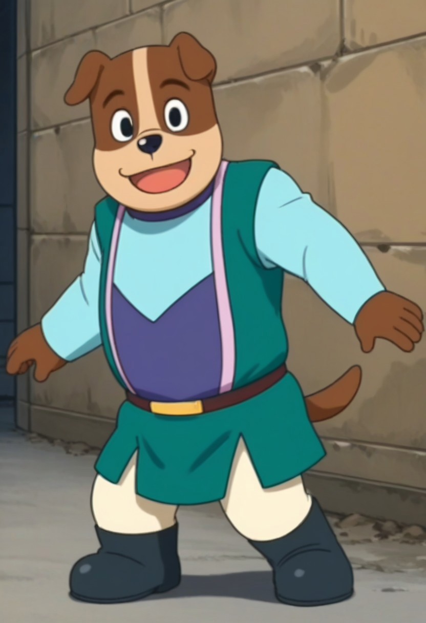 looking at viewer, dog, dog boy, male focus, brown fur, body fur, furry, furry male, 1boy, solo, brown hair, black eyes, animal ears, dog ears, animal nose, shirt, long sleeves, vest, belt, boots, black footwear, tail, full body, open mouth, smile, high quality