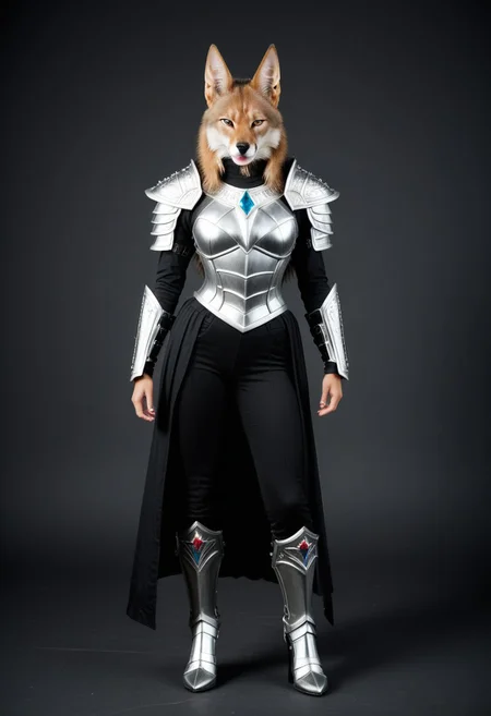 The armored Queen of jackals, female jackal, 18 years old, fur armor with diamond filigree, zoomed out:.10, raw, masterpiece, extremely detailed photo, extreme ultra best picture, extreme ultra intricate creative detail, extreme hyper realistic detail, extreme ultra hyper photo realism, extreme ultra-hyper immersive visuals, extreme 3D realistic, ultra 4080p, HD, VFX, SFX, FKAA, TXAA, RTX, SSAO, full portrait, ((no pants)), animal head,