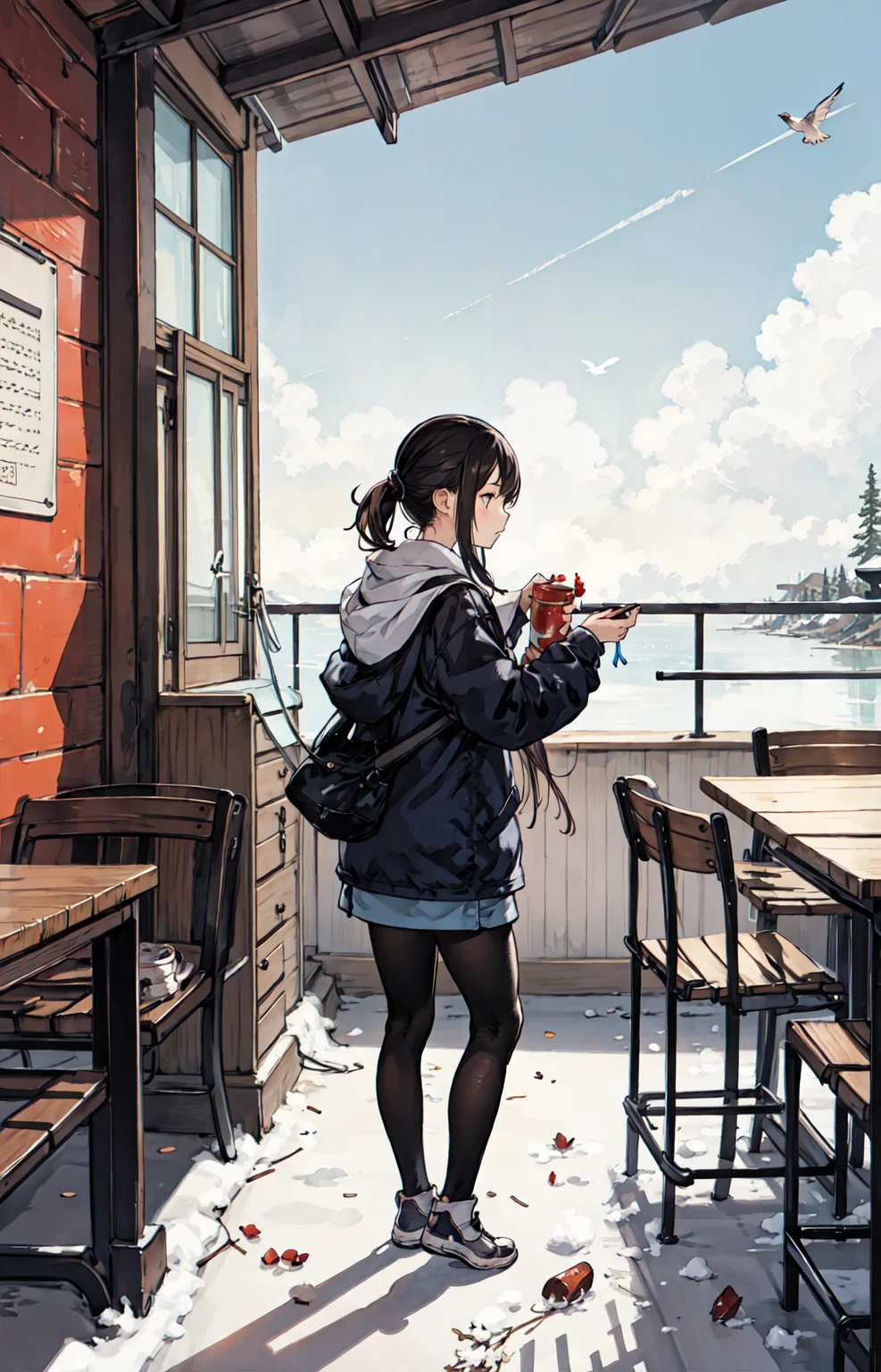 best quality, detailed background, girl,sea, cafeteria, bird, snow, winter,