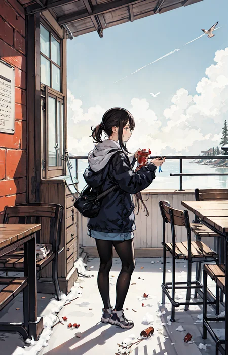 best quality, detailed background, girl,sea, cafeteria, bird, snow, winter,