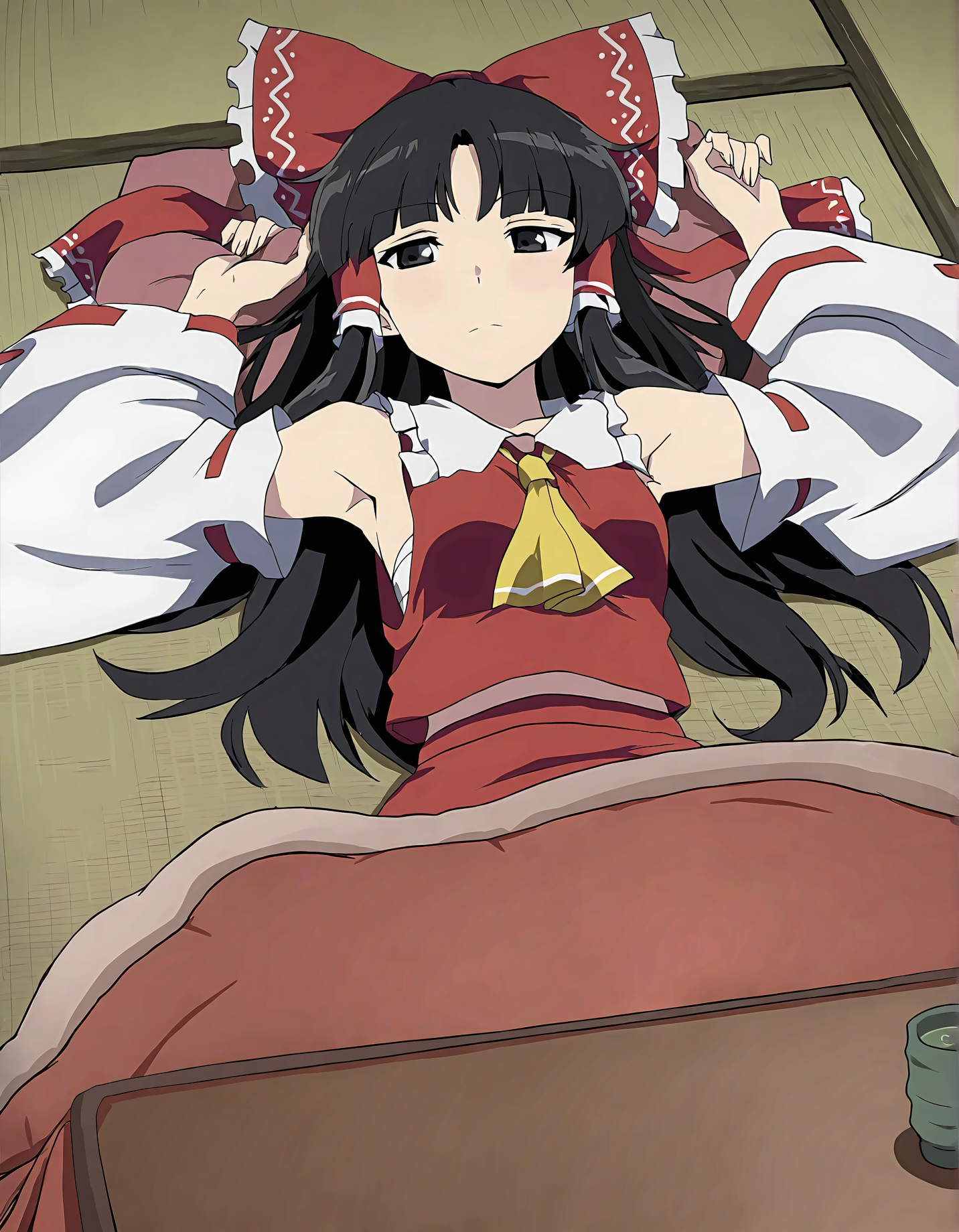 memoriesofphantasm, hakurei reimu, 1girl, bow, solo, black hair, detached sleeves, hair bow, red bow, table, hair tubes, lying, cup, armpits, sensitive, on back, black eyes, ascot, kotatsu, tatami, yunomi, pillow, sarashi, frills, ribbon-trimmed sleeves, anime coloring, ribbon trim, frilled bow, wide sleeves
very awa, masterpiece, best quality, year 2024, newest, highres, absurdres, <lora:memories-of-phantasm-style-noobai-vpred10:1>