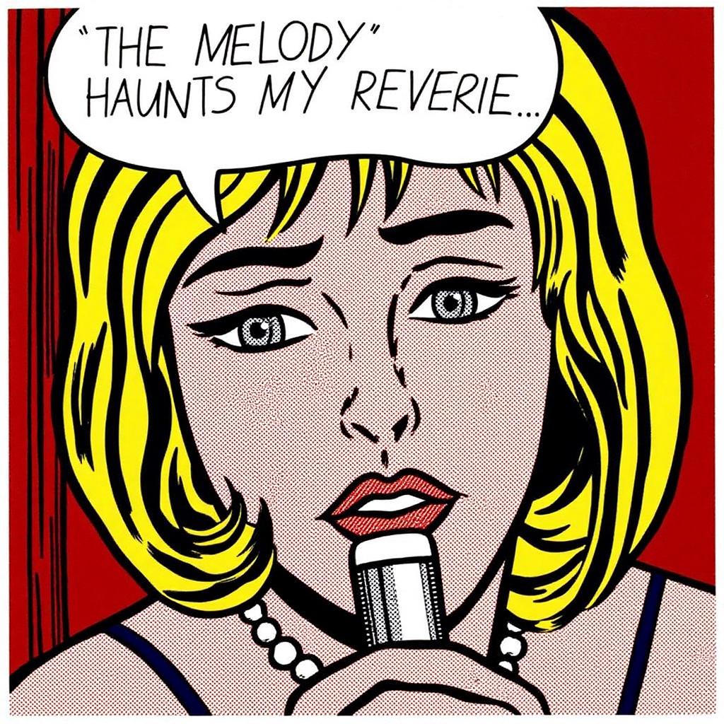 lichtenstein1 illustration.
A portrait of a blonde woman singing with a stage microphone. She has shoulder length hair styled into a bob haircut.  She is wearing a pearl necklace.  There is a speech bubble above her that says "THE MELODY HAUNTS MY REVERIE..."
 <lora:lichtenstein1_cap_d6a3e8:1.0><lora:835913744048702601:0>
