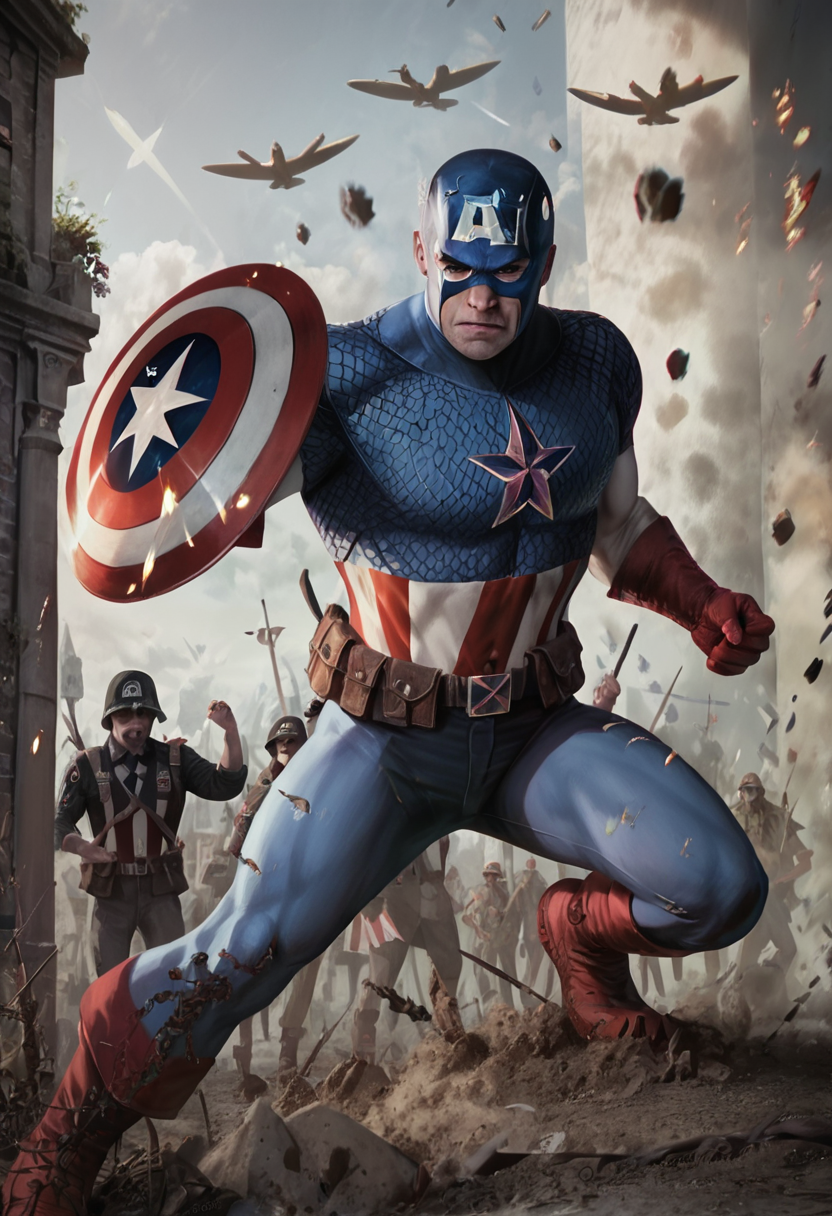 score_9, score_8_up, score_7_up, extremely detailed, highest quality, masterpiece, cap7a1n_am3r1ca, superhero, action pose, shield, realistic, war, handsome, muscular