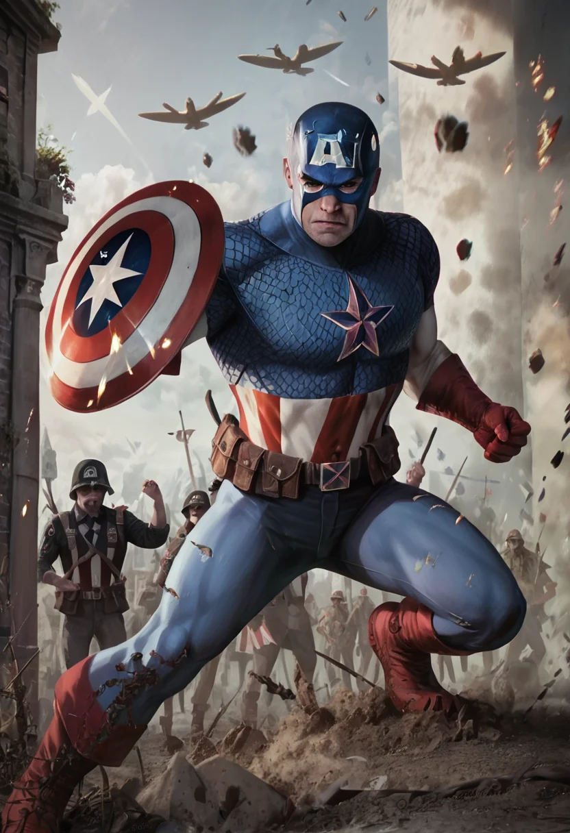 score_9, score_8_up, score_7_up, extremely detailed, highest quality, masterpiece, cap7a1n_am3r1ca, superhero, action pose, shield, realistic, war, handsome, muscular