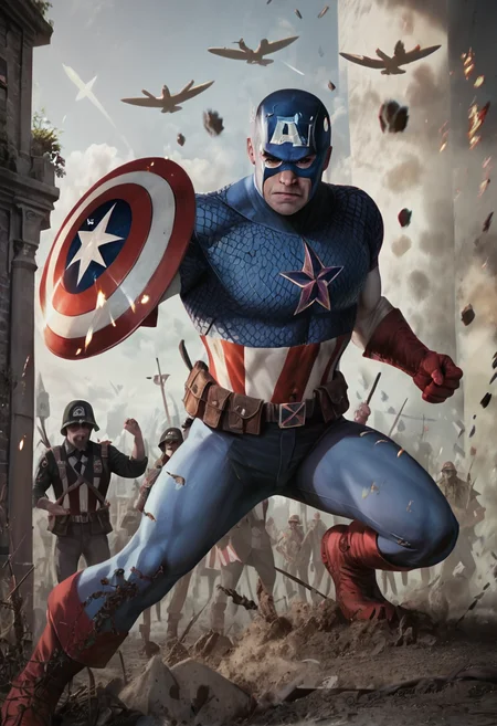 score_9, score_8_up, score_7_up, extremely detailed, highest quality, masterpiece, cap7a1n_am3r1ca, superhero, action pose, shield, realistic, war, handsome, muscular