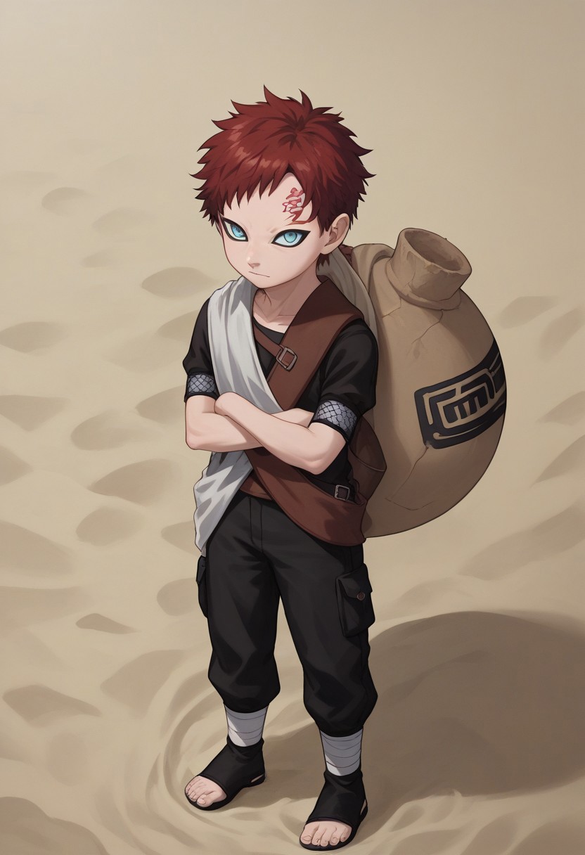 score_9, score_8_up, score_7_up, highly detailed, cute boy, 1boy, solo, young, Gaara, Red Hair, Pale Blue Eyes, Facial Mark , Black Short sleeve shirt, White Cloth Sash, leather strap, gourd, black pants, toeless footwear, arms crossed, sand