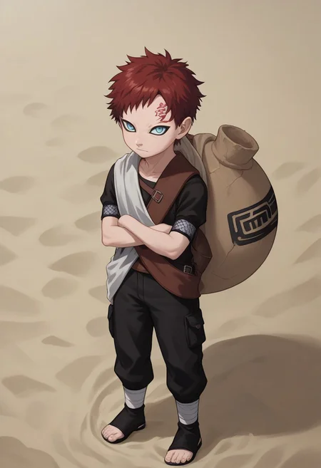 score_9, score_8_up, score_7_up, highly detailed, cute boy, 1boy, solo, young, Gaara, Red Hair, Pale Blue Eyes, Facial Mark , Black Short sleeve shirt, White Cloth Sash, leather strap, gourd, black pants, toeless footwear, arms crossed, sand