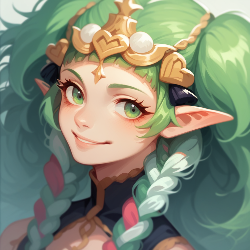 score_9,score_8_up,score_7_up, 1girl, solo, Sothis, pointy ears, green eyes, green hair, flowing green hair, twin braids, twintails, two braids, crown, smile, 2d,  portrait