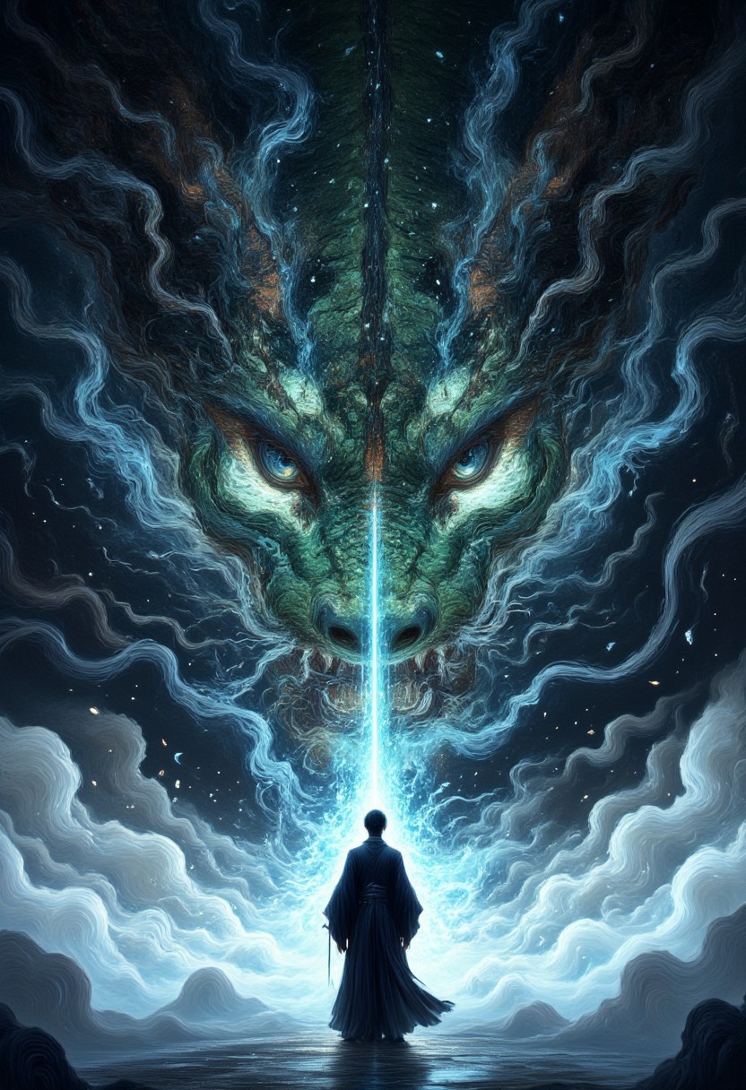 a striking and surreal scene that combines elements of both the natural world and fantasy. Dominating the composition is a massive, reptilian eye, filling almost the entire frame. The eye is highly detailed, with a slit-like pupil that suggests it belongs to a large, powerful creature, perhaps a Asian dragon or another mythical being. The texture around the eye is rugged and scaly, giving the impression of ancient, weathered skin. In the lower portion of the image, a solitary human figure stands before the eye, dressed in a flowing black robe. The figure is tiny in comparison to the colossal eye, emphasizing the vast difference in scale and power between the two. The person stands on a surface that appears to be water or mist, which reflects the eerie, otherworldly light that surrounds the scene. The atmosphere is misty and dreamlike, adding to the sense of mystery and awe. Overall, the image is both dramatic and thought-provoking, blending cultural elements with a fantastical imagination to create a visually captivating scene. Glitching face, blue, green snake, auralora