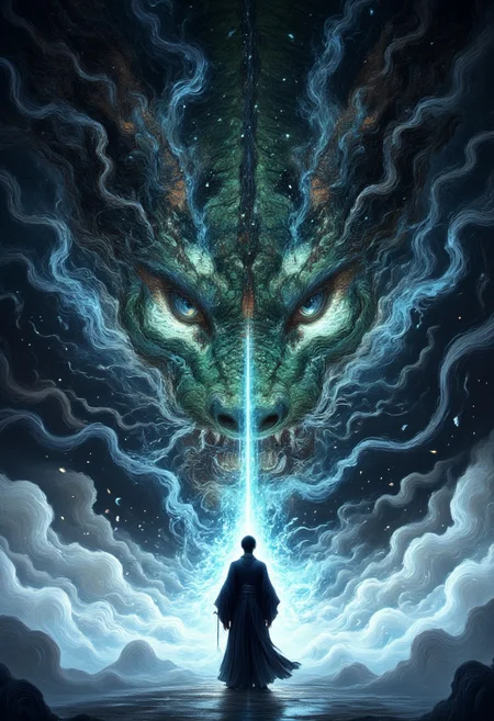 a striking and surreal scene that combines elements of both the natural world and fantasy. Dominating the composition is a massive, reptilian eye, filling almost the entire frame. The eye is highly detailed, with a slit-like pupil that suggests it belongs to a large, powerful creature, perhaps a Asian dragon or another mythical being. The texture around the eye is rugged and scaly, giving the impression of ancient, weathered skin. In the lower portion of the image, a solitary human figure stands before the eye, dressed in a flowing black robe. The figure is tiny in comparison to the colossal eye, emphasizing the vast difference in scale and power between the two. The person stands on a surface that appears to be water or mist, which reflects the eerie, otherworldly light that surrounds the scene. The atmosphere is misty and dreamlike, adding to the sense of mystery and awe. Overall, the image is both dramatic and thought-provoking, blending cultural elements with a fantastical imagination to create a visually captivating scene. Glitching face, blue, green snake, auralora