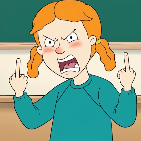 solo, 1girl, nnhh1, alone, orange hair, twintails, blush, yelling at viewer, green shirt, blue pants, middle finger, upper body, classroom, official style, <lora:nnhh1:1>,