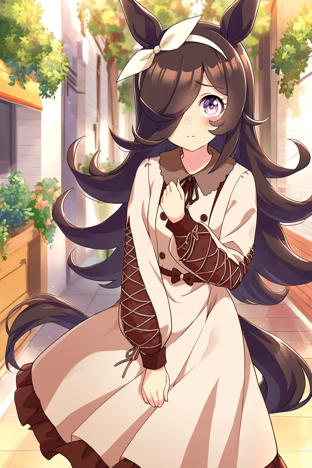 masterpiece,best quality,very aesthetic,absurdres,highres,newest,official art,official style,
1girl,solo,
rcs casual,rice shower (umamusume),
animal ears,bangs,blush,bow,brown dress,brown hair,brown ribbon,
casual,collared dress,dress,eyebrows visible through hair,frilled dress,
frills,hair bow,hair over one eye,hair ribbon,hairband,horse ears,horse girl,horse tail,
long hair,long sleeves,puffy long sleeves,puffy sleeves,ribbon,tail,violet eyes,white hairband,
standing,full body,
<lora:umamusume_rice_shower_ill_v1.0:1>,
