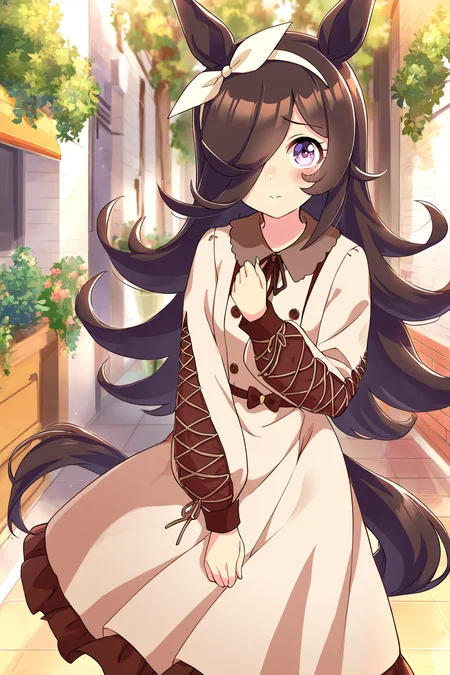 masterpiece,best quality,very aesthetic,absurdres,highres,newest,official art,official style,
1girl,solo,
rcs casual,rice shower (umamusume),
animal ears,bangs,blush,bow,brown dress,brown hair,brown ribbon,
casual,collared dress,dress,eyebrows visible through hair,frilled dress,
frills,hair bow,hair over one eye,hair ribbon,hairband,horse ears,horse girl,horse tail,
long hair,long sleeves,puffy long sleeves,puffy sleeves,ribbon,tail,violet eyes,white hairband,
standing,full body,
<lora:umamusume_rice_shower_ill_v1.0:1>,