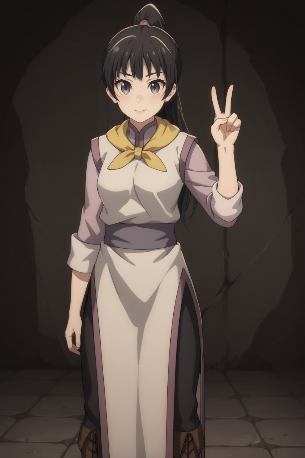 score_9, score_8_up, score_7_up, score_6_up, score_5_up, score_4_up, BREAK, <lora:Fighter-000006:.8>, 1girl, Fighter, black hair, ponytail, grey eyes, multicolored robes, yellow neckerchief, black pants, brown boots, standing, peace sign