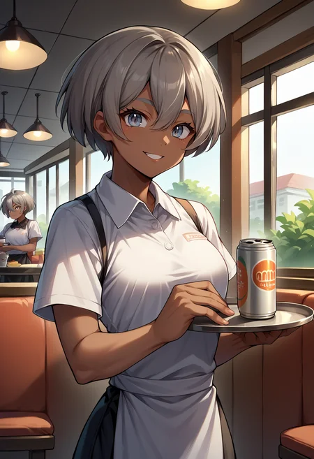 score_9, score_8_up,score_7_up, source_anime, 1girl, solo, <lora:EPpkBea:1>, short hair, grey hair, dark-skinned female, dark skin, hair between eyes, grey eyes, Saitou, indoors, diner, holding, coffee can, waitress, tray, serving, standing, smile