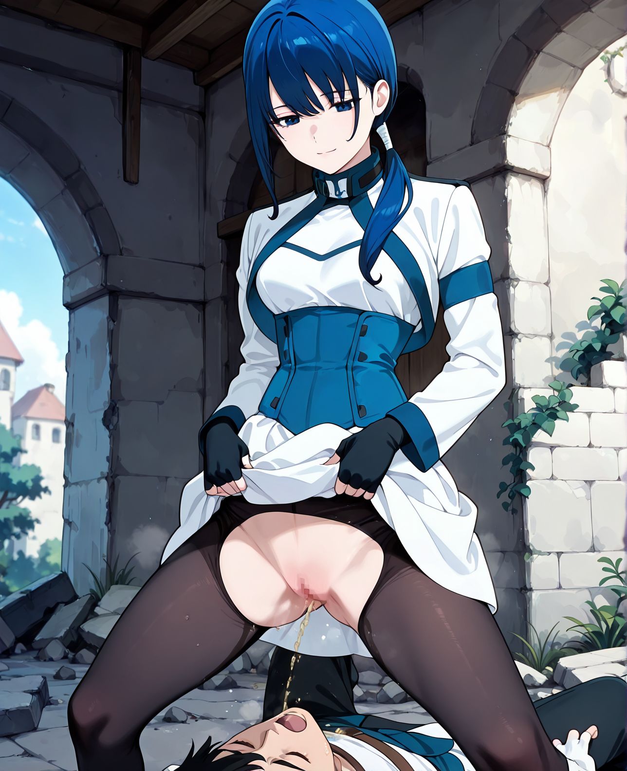 masterpiece, best quality, newest, absurdres, highres, detailed eyes, beautiful, detailed background, perfect eyes, anime coloring, anime screencap,
<lora:HaiToGensouNoGrimgar_Mary_IlluXL:0.9>, 1girl, solo, closed mouth, light smile, hair over shoulder, low ponytail, blue hair, blue eyes, cropped jacket, white jacket, short dress, white dress, blue corset, long sleeves, fingerless gloves, black pantyhose, standing, looking at viewer, medieval, rubble, ruins, foliage, blurry background, day,
skirt lift, spread legs, 
<lora:golden_shower:1>:golden_showerV1,peeing, 1girl, 1boy, drinking pee,
 girl pees on another boy,  drinking pee,open mouth male, female public hair,closed eyes male, 
wet,steaming body,  golden shower,