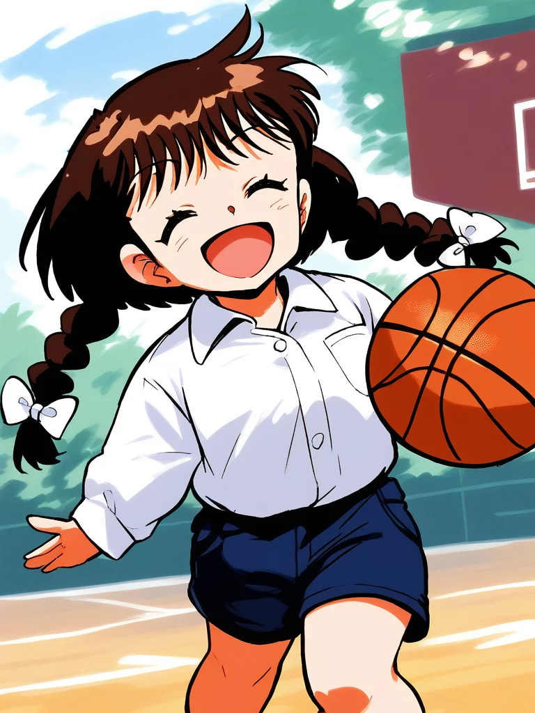 score_9, score_8_up, score_7_up, source_anime, rating_explicit, BREAK <lora:Shinba_Kurumi_XL:1>Shinba_Kurumi, brown hair, closed eyes, twin braids, hair bow, short hair, short stack,
1girl, solo, smile, shorts, shirt, bow, collared shirt, long sleeves, closed mouth, bangs, standing, bag, open mouth,
sky, day, basketball, ground,