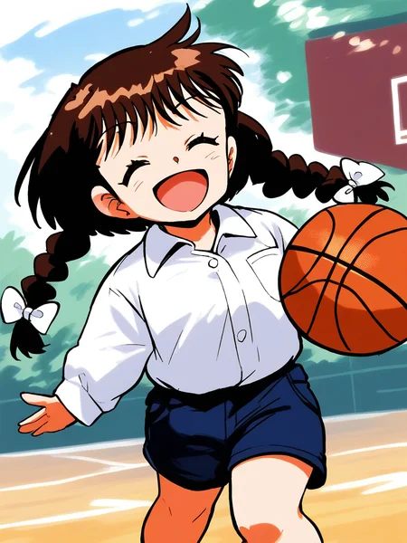 score_9, score_8_up, score_7_up, source_anime, rating_explicit, BREAK <lora:Shinba_Kurumi_XL:1>Shinba_Kurumi, brown hair, closed eyes, twin braids, hair bow, short hair, short stack, 
1girl, solo, smile, shorts, shirt, bow, collared shirt, long sleeves, closed mouth,  bangs,  standing, bag, open mouth,
sky, day, basketball, ground,