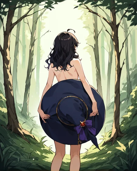 1girl, solo, black hair, wavy hair, ahoge, nude, from behind, witch hat, hatnsor, hat removed, holding hat, hat on butt, outside, nature, <lora:Holding_Hat__Hat_Censor_Lora_Pony:1>, , score_9, score_8_up, score_7_up, score_6_up, score_5_up, score_4_up, source_anime,masterpiece,