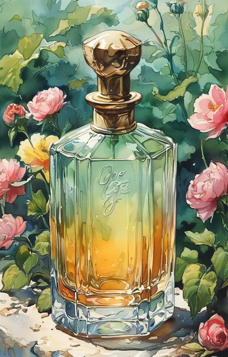 masterpiece,best quality,<lora:tbh297-sdxl:0.9>,illustration,style of Joe Madureira A bottle of perfume in garden