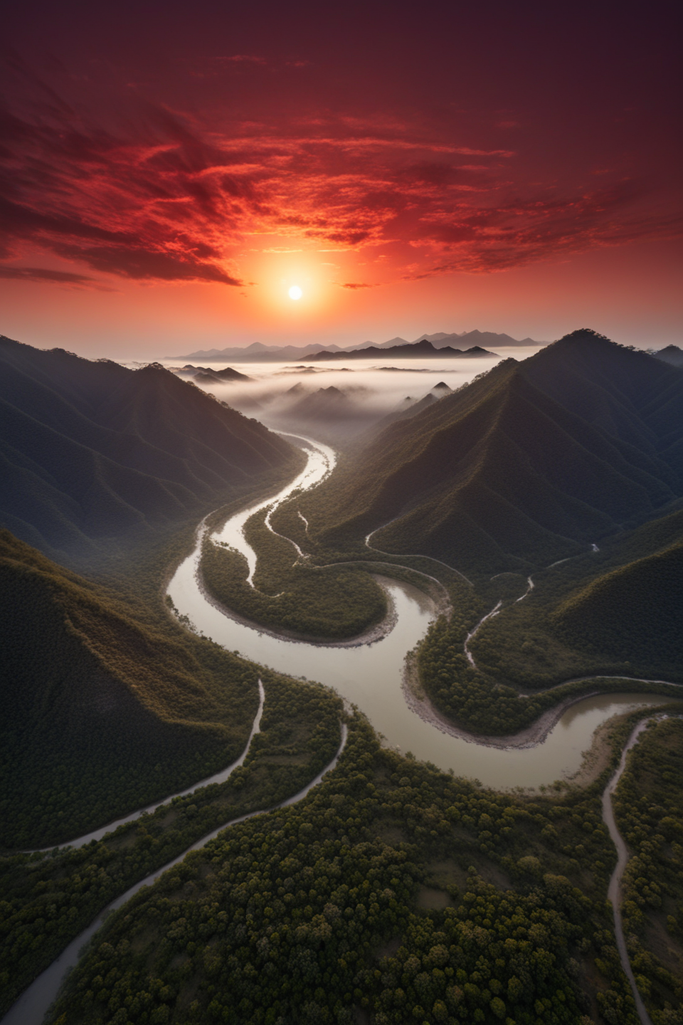 professional aerial photo of a landscape,
mountain river winding in a valley, tropics,
red sun on foggy horizon, dusk, clear sky,
BREAK,
BEST QUALITY, MASTERPIECE, HIGHLY-DETAILED, HIGH-RES, 4K, 8K, RAW,
SHARP FOCUS, INTRICATE DETAILS, SMOOTH LIGHTING,