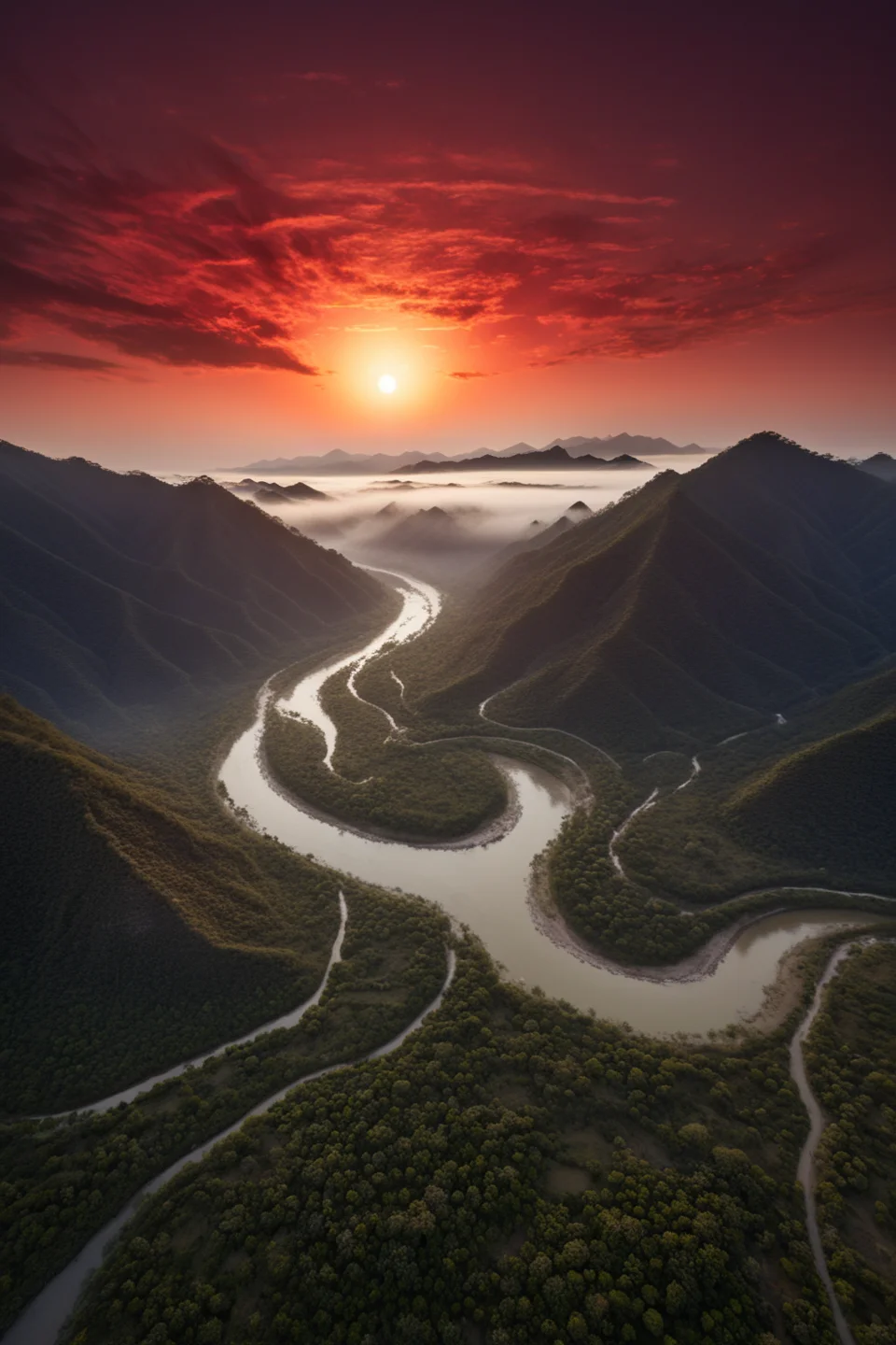 professional aerial photo of a landscape,
mountain river winding in a valley, tropics,
red sun on foggy horizon, dusk, clear sky,
BREAK,
BEST QUALITY, MASTERPIECE, HIGHLY-DETAILED, HIGH-RES, 4K, 8K, RAW,
SHARP FOCUS, INTRICATE DETAILS, SMOOTH LIGHTING,