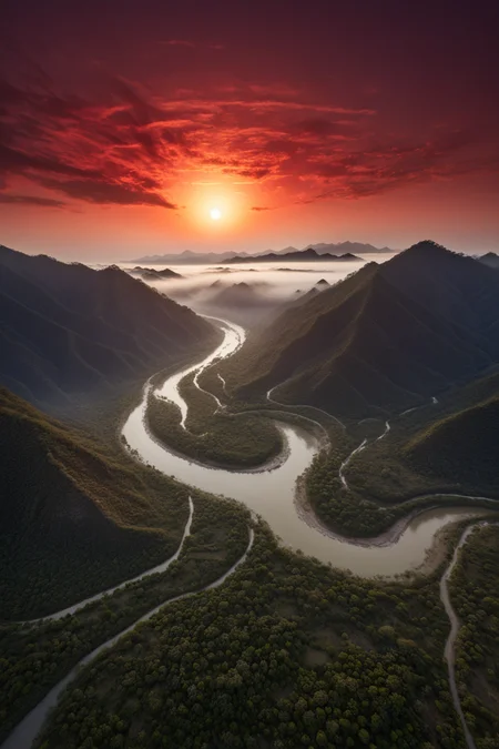 professional aerial photo of a landscape,
mountain river winding in a valley, tropics,
red sun on foggy horizon, dusk, clear sky,
BREAK,
BEST QUALITY, MASTERPIECE, HIGHLY-DETAILED, HIGH-RES, 4K, 8K, RAW,
SHARP FOCUS, INTRICATE DETAILS, SMOOTH LIGHTING,