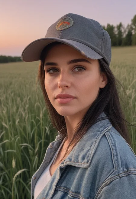 30yo american woman in a wheat field
Small eyes. Brown eyes.
Wearing ripped Denim jacket red hat
no makeup. Clear skin.  realistic skin style
Long dark black slick back hair. No makeup. Dusk, Street light. Looking at camera POV. Slight smile, tilting head.. Tilt head. Hands in head, face, lips.
Medium Close Up shot. Bokeh. Bokeh light.