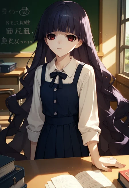 score_9_up, score_8_up, score_7_up, source_anime, extreamly detailed, beautiful detailed face, complex detailed background, completely clothes, BREAK,
KIRISHIKI SUNAKO, SHIKI FORM, student uniform, class room