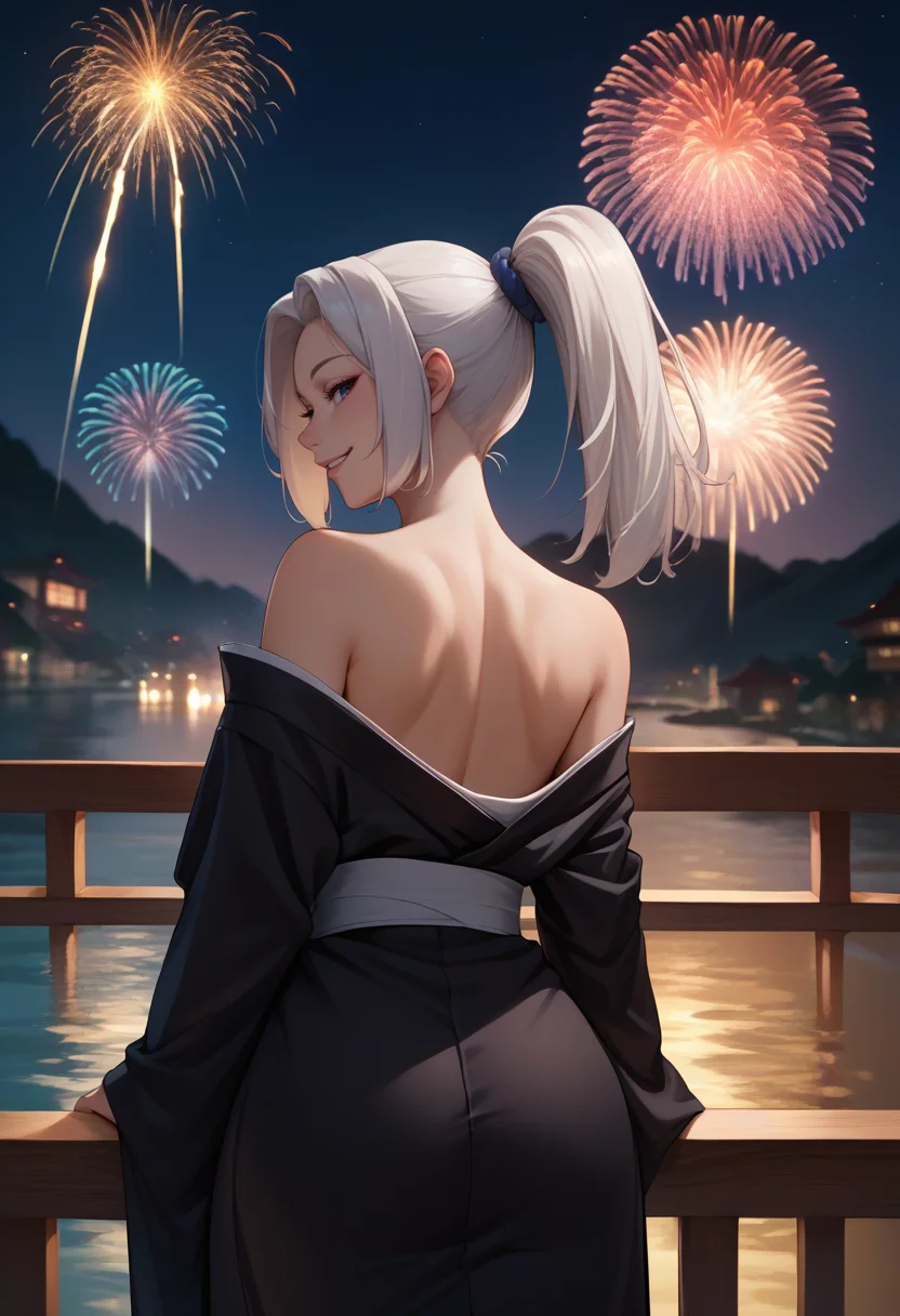 score_9, score_8_up, score_7_up, source_anime, from behind, 1girl, meimeipast, smile, looking back, white hair, ponytail, black kimono, off shoulder, bare shoulders, fireworks <lora:jjk_meimei_ponyXL:1>