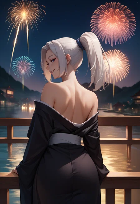 score_9, score_8_up, score_7_up, source_anime, from behind, 1girl, meimeipast, smile, looking back, white hair, ponytail, black kimono, off shoulder, bare shoulders, fireworks <lora:jjk_meimei_ponyXL:1>