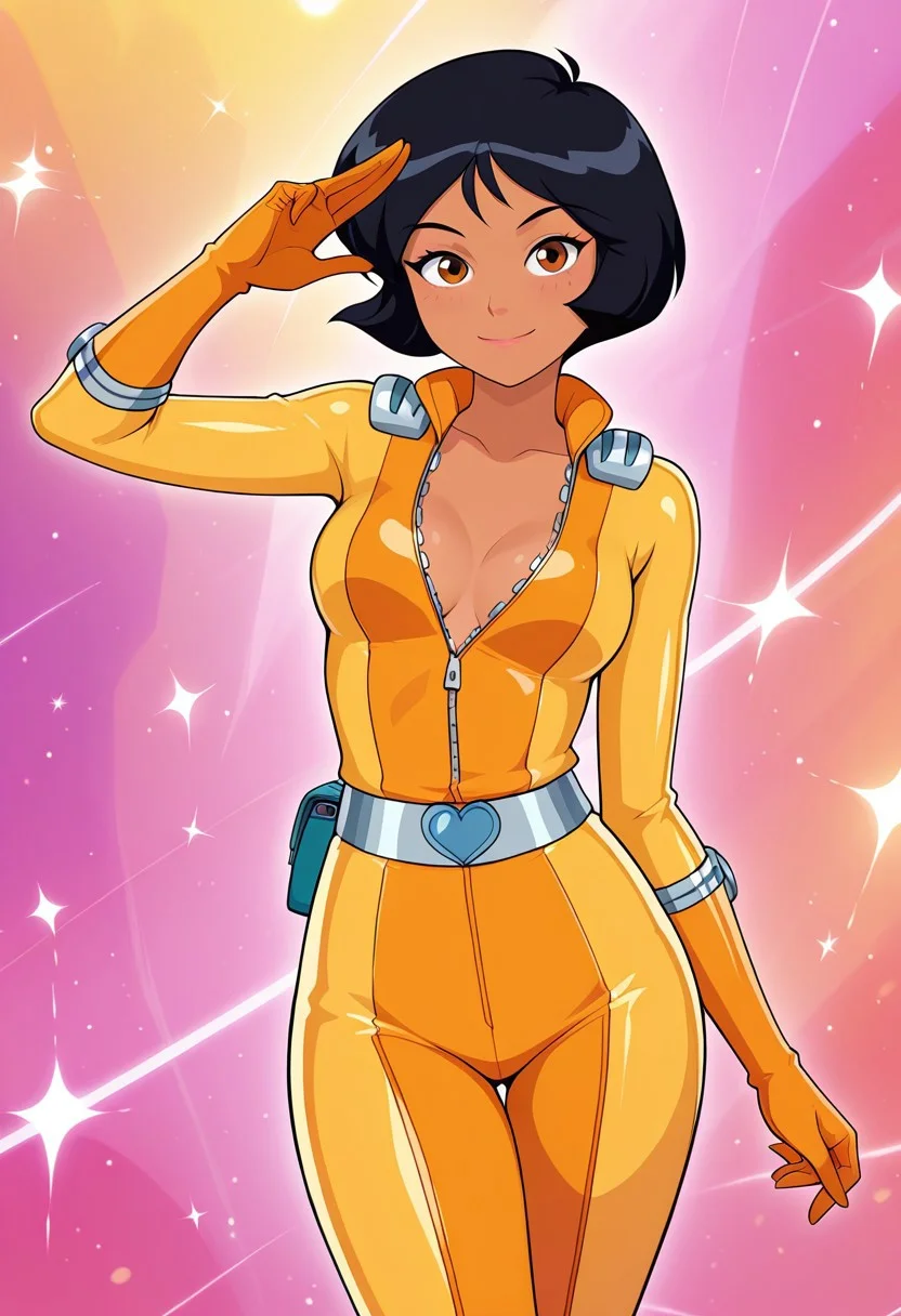 screencap, flat colors, official art, masterpiece, best quality, amazing quality, very aesthetic, high resolution, ultra-detailed, absurdres, newest,
alex_totally_spies, short hair, black hair, brown eyes, dark-skinned female, 1girl, solo, yellow bodysuit, umzipped, sexy, beautiful, detailed, high detailed, very beautiful, detailed face, detailed eyes, detailed hand, abstract background, smile, posing, pose, looking at viewer, face focus