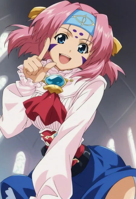 score_9, score_8_up, score_7_up, score_6_up, score_5_up, score_4_up, source_anime, Rati, pink hair, long sleeves, facial mark, short hair, blue eyes, brooch, blue skirt, headband, Ascot, (ass), pointing finger at you laughing,
viewed from below
gothic church of black stone, red skies