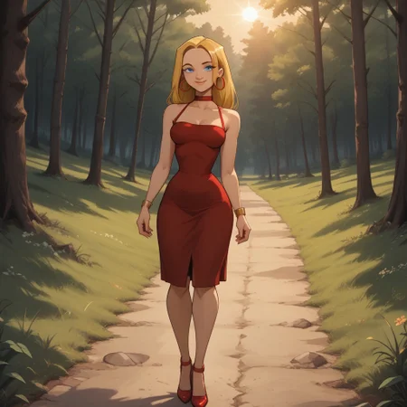 score_9, score_8, BREAK, solo, blonde hair, blue eyes, lips, red dress, red choker, red high heels, red hoop earrings, yellow bracelets, total drama, Blaineley_(Total_Drama), breasts, self portrait, sexy pose, smile, outdoors, sunlight, shadows, evening lighting, natural lighting, forest, trees, grass, orange sky, sunset