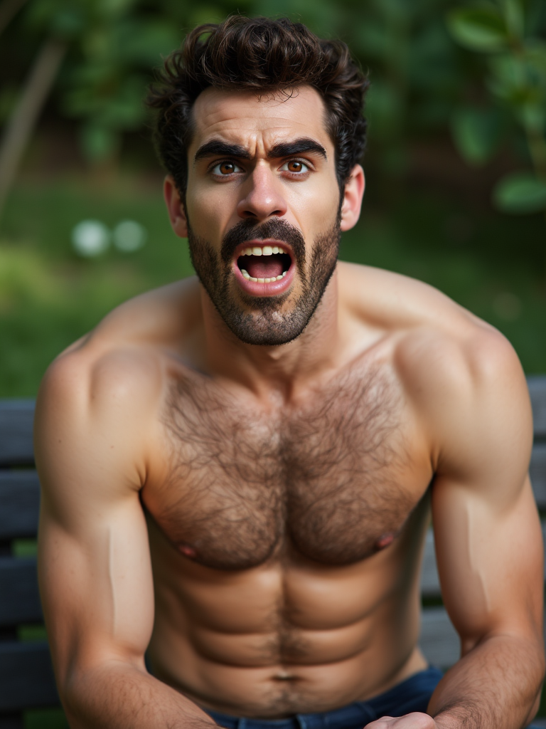 portrait of a man, Bill, brown eyes, sitting on bench in garden, nude, orgasmic face, moaning, hairy body, muscular, manly,