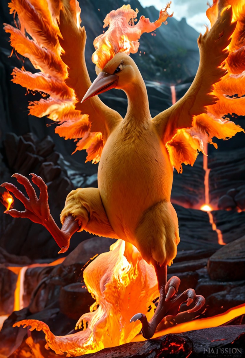 score_9, score_8_up, score_7_up, score_6_up, score_5_up, score_4_up, BREAK, solo, moltres, pokemon (creature), furry, avian, bird, detailed feathers, realistic feathers, orange feathers, beak, wings, flaming wings, realistic fire, red flames, fire, lava, volcano background, realistic