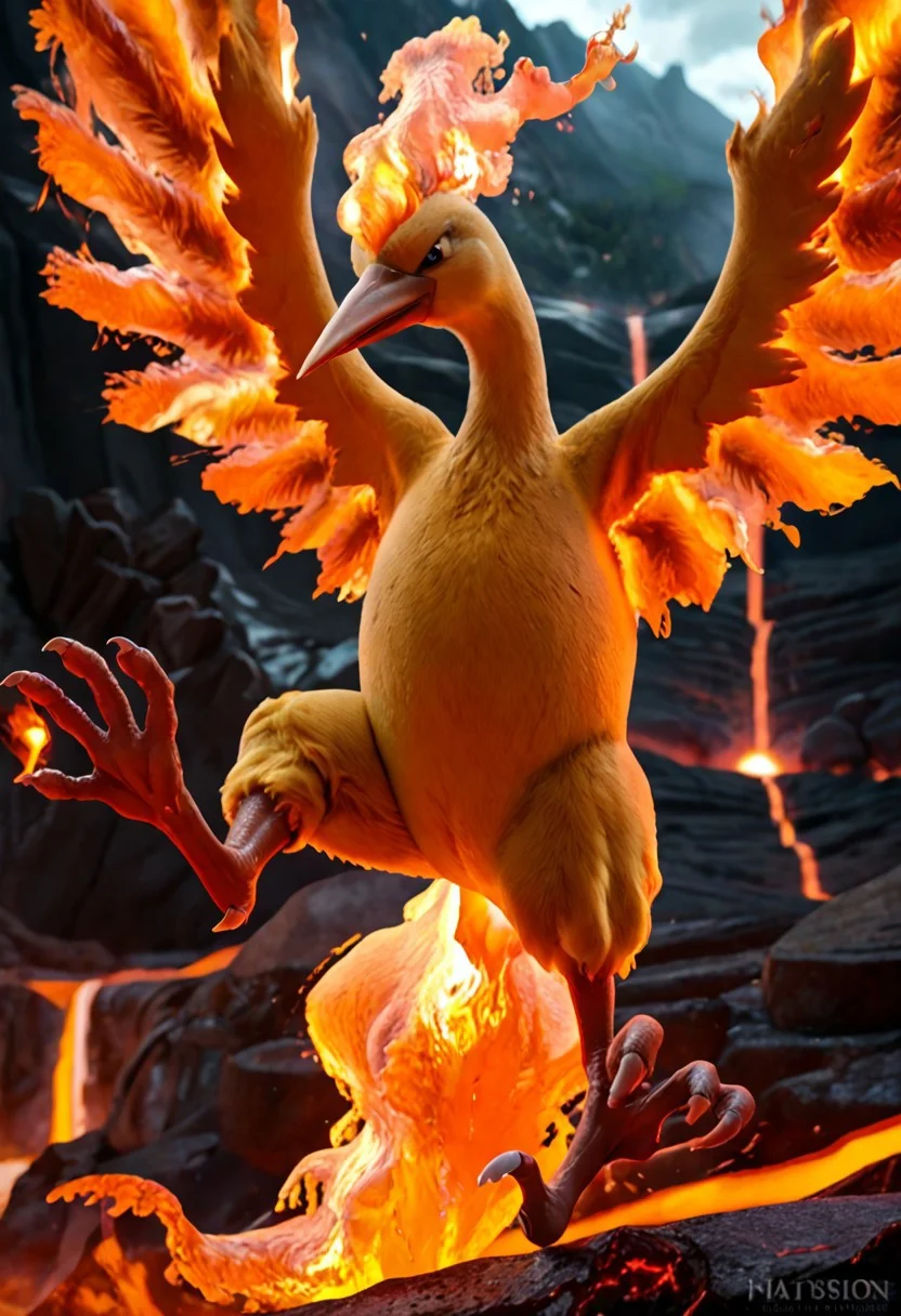 score_9, score_8_up, score_7_up, score_6_up, score_5_up, score_4_up, BREAK, solo, moltres, pokemon (creature), furry, avian, bird, detailed feathers, realistic feathers, orange feathers, beak, wings, flaming wings, realistic fire, red flames, fire, lava, volcano background, realistic