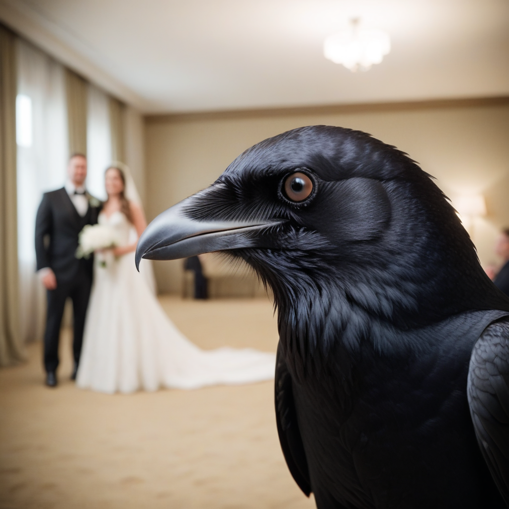 cinematic film still photo,  raven, <lora:Meme_soph-PhotoBombv2-SDXL:1>, cfb, wedding . shallow depth of field, vignette, highly detailed, high budget, bokeh, cinemascope, moody, epic, gorgeous, film grain, grainy