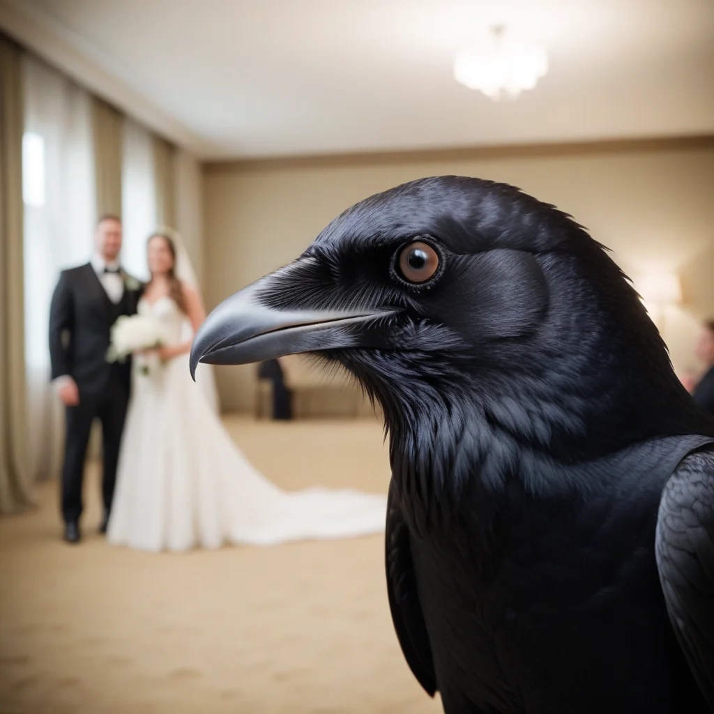 cinematic film still photo,  raven, <lora:Meme_soph-PhotoBombv2-SDXL:1>, cfb, wedding . shallow depth of field, vignette, highly detailed, high budget, bokeh, cinemascope, moody, epic, gorgeous, film grain, grainy