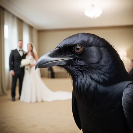 cinematic film still photo, raven, <lora:Meme_soph-PhotoBombv2-SDXL:1>, cfb, wedding . shallow depth of field, vignette, highly detailed, high budget, bokeh, cinemascope, moody, epic, gorgeous, film grain, grainy