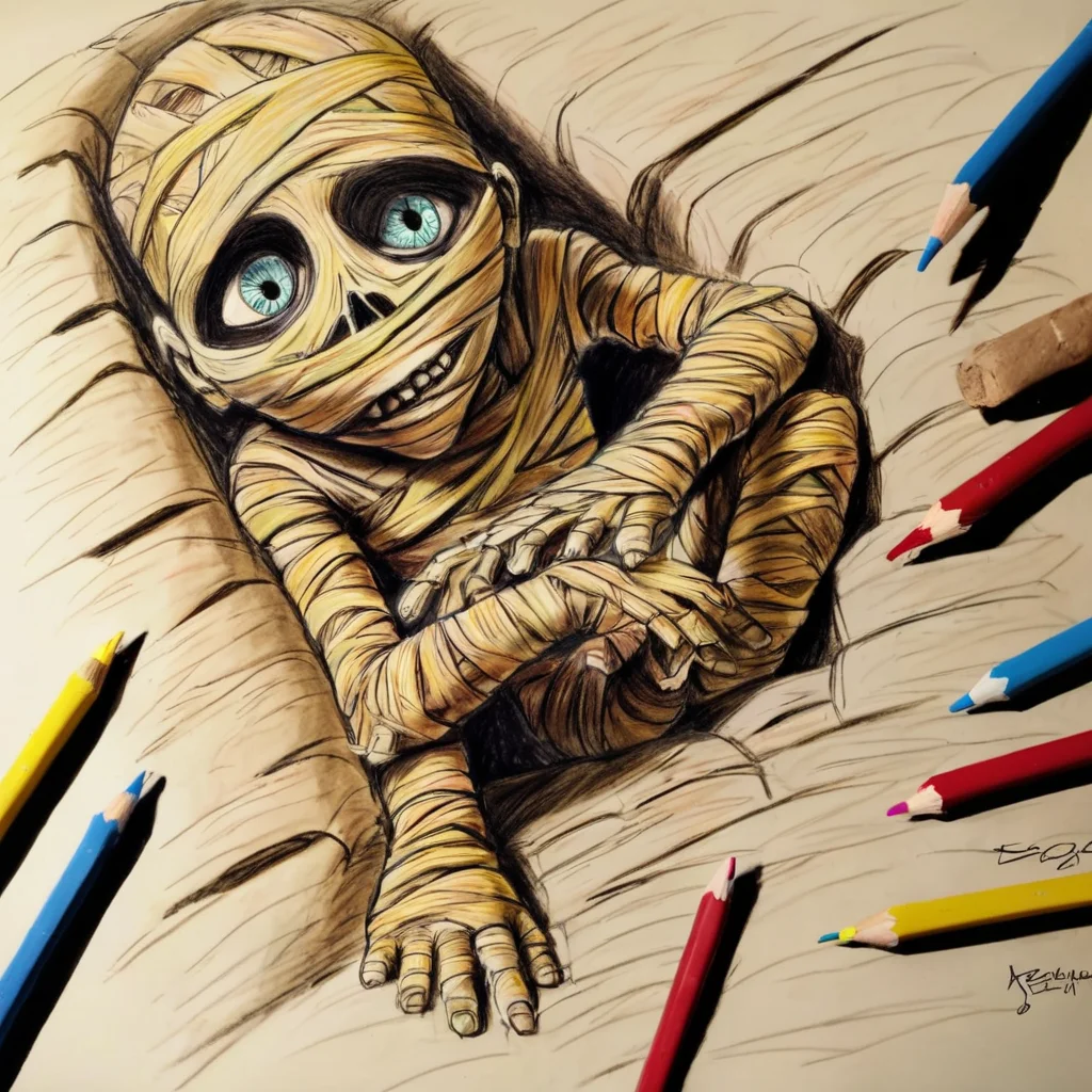 <lora:SDXL_mummy_Sa_May:1> mummy, a desiccated mummy, Children's drawing with colored pencils, sketching