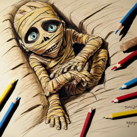 <lora:SDXL_mummy_Sa_May:1> mummy, a desiccated mummy, Children's drawing with colored pencils, sketching
